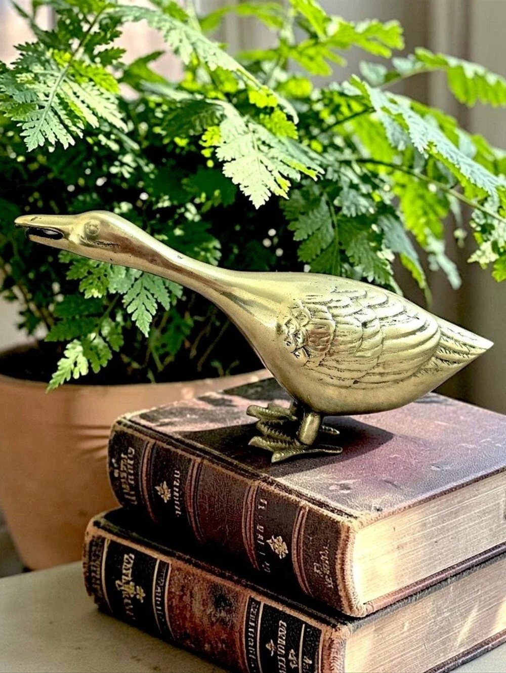 Golden Brass Goose Figurine Shelf Sitter, Bohemian Farmhouse Metallic Decor